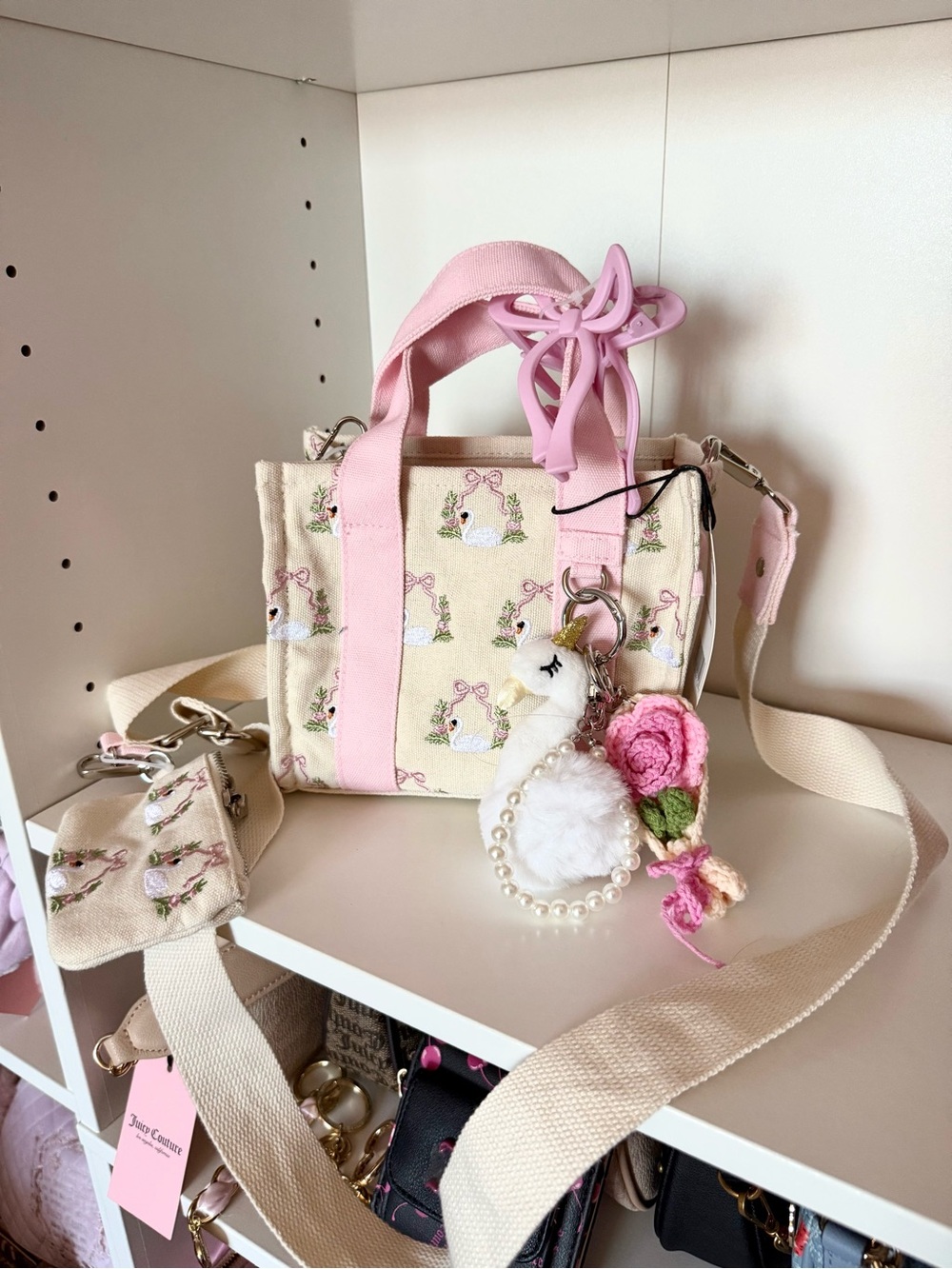 Madden Girl Pink & Cream Mini Tote with Swan Embroidery